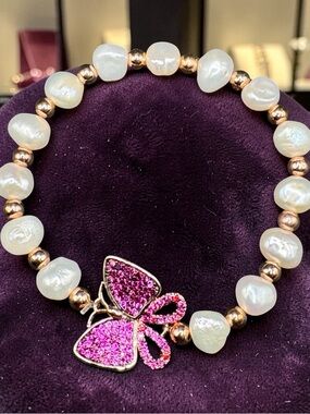 Pink Crystal Butterfly Freshwater Pearl Stretch Bracelet